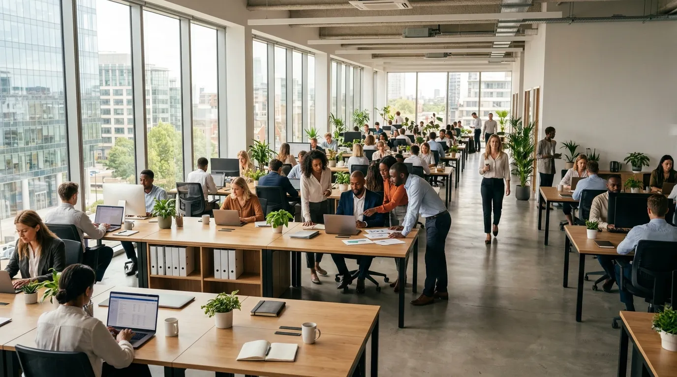 A busy modern office full of working professionals