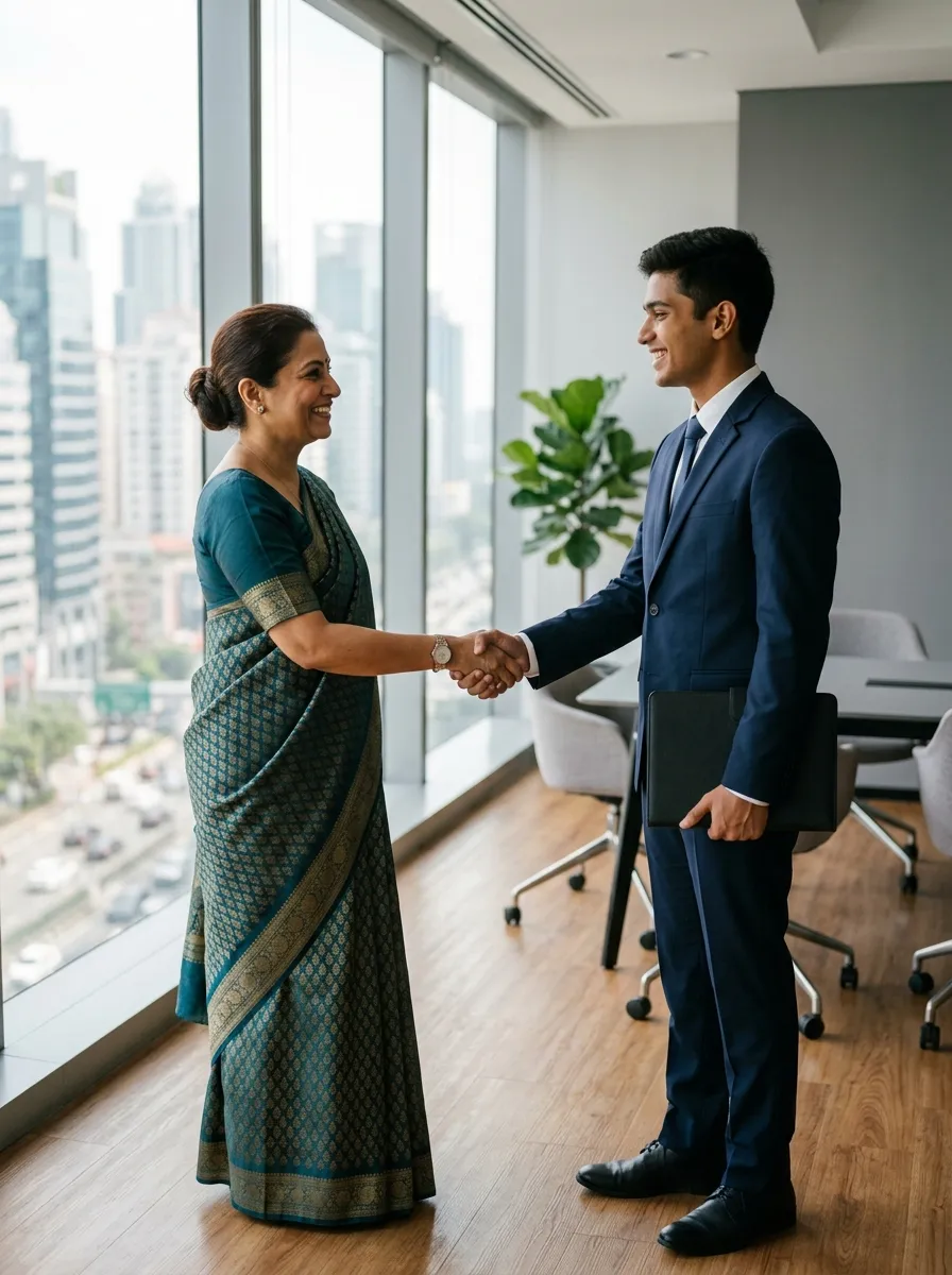 Recruiter welcoming a candidate with a handshake