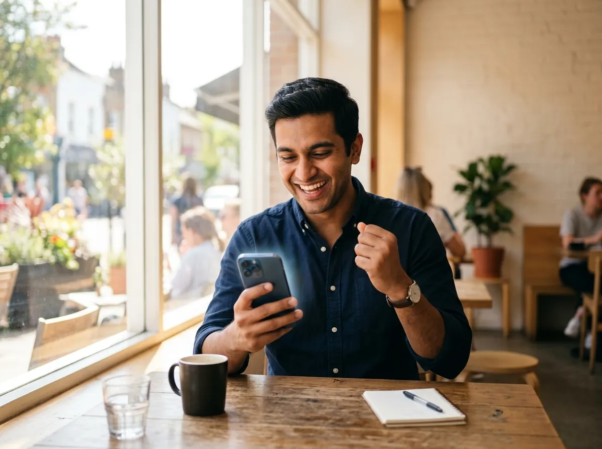 Professional celebrating a new job offer